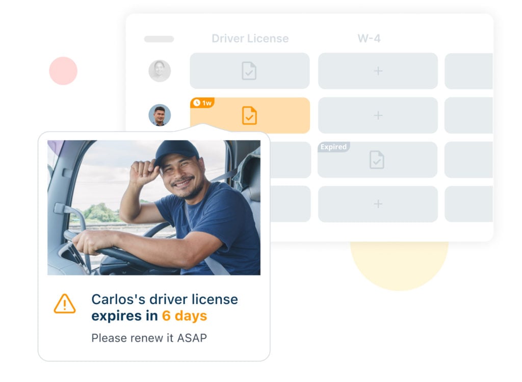 screenshot of notification regarding driver's license expiration with a photo of a driver smiling. in the background there is a screenshot of Connecteam's Documents feature