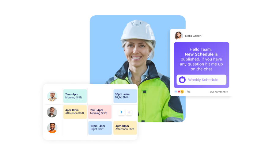 Woman smiling with a screenshot of Connecteam's Scheduling feature