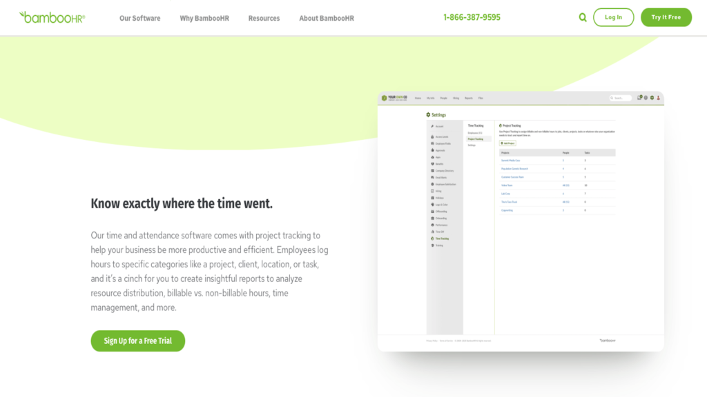 Screenshot of BambooHR website displaying project tracking feature of time entry system