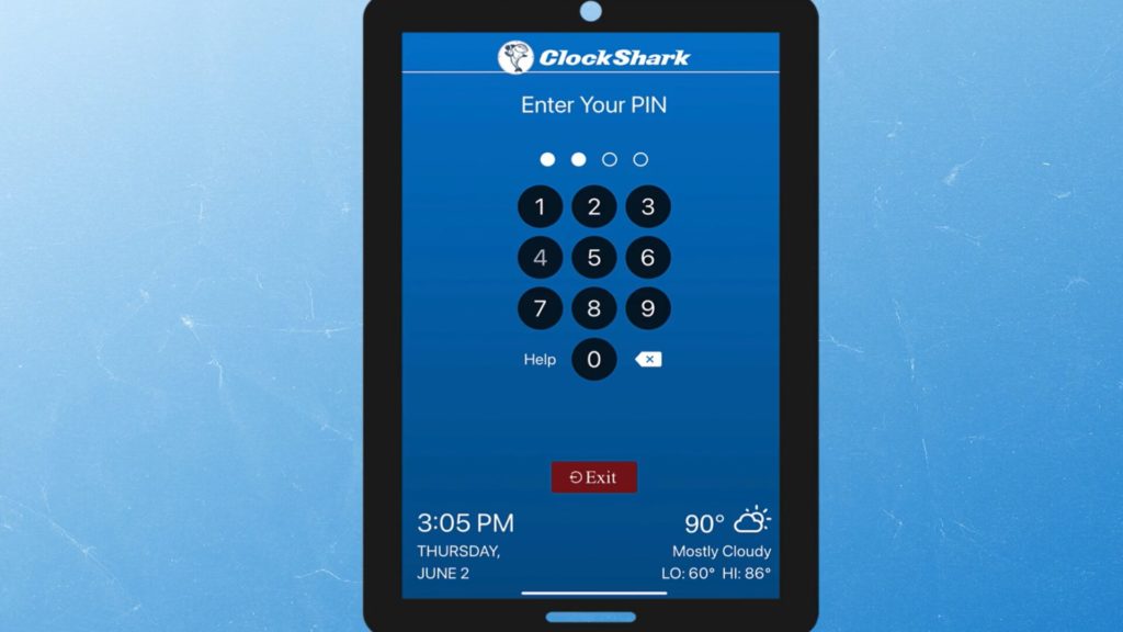 A tablet showing the ClockShark interface with a PIN pad for employee clock-ins