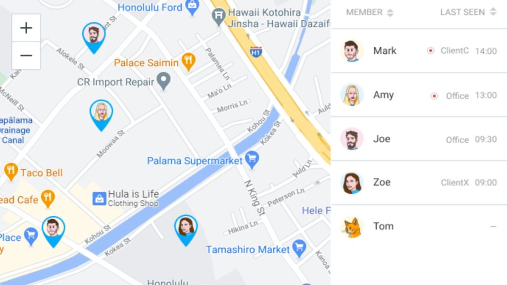 Clockify showing employees’ locations on Google Maps