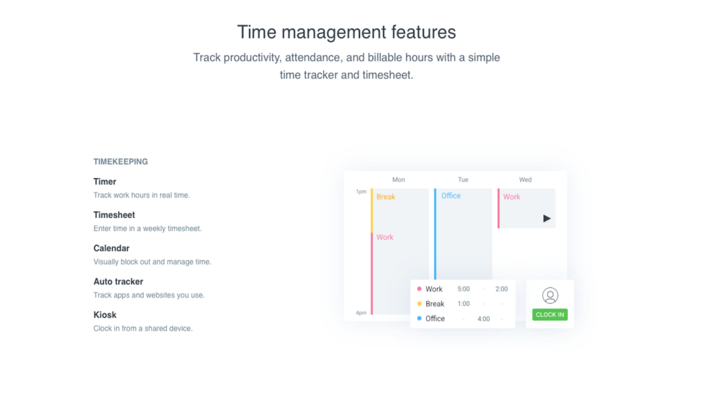 Screenshot from Clockify website showing time management features