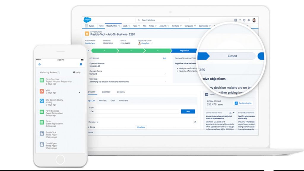 Salesforce Sales Cloud on desktop and mobile showing a deal in progress.