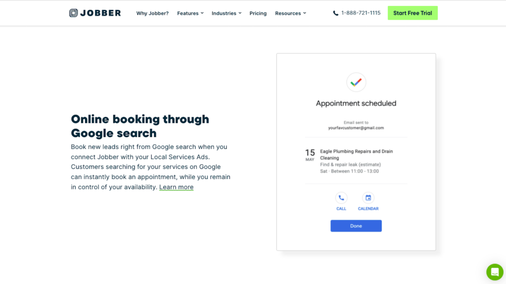 Screenshot of Jobber webpage with explanation about the online booking ability