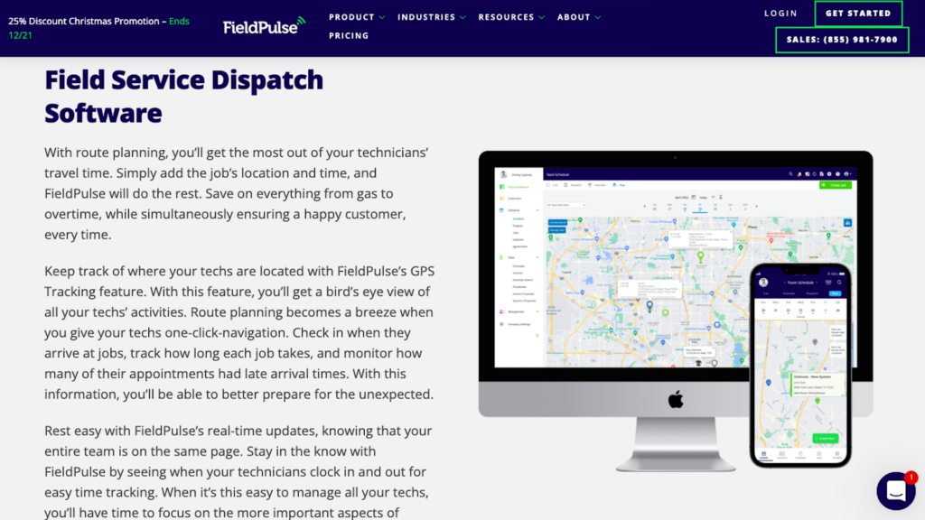 Screenshot from FieldPulse’s website showing its GPS tracking feature