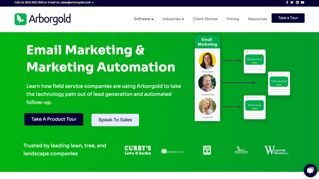 Screenshot of Arborgold’s website detailing its marketing automation feature