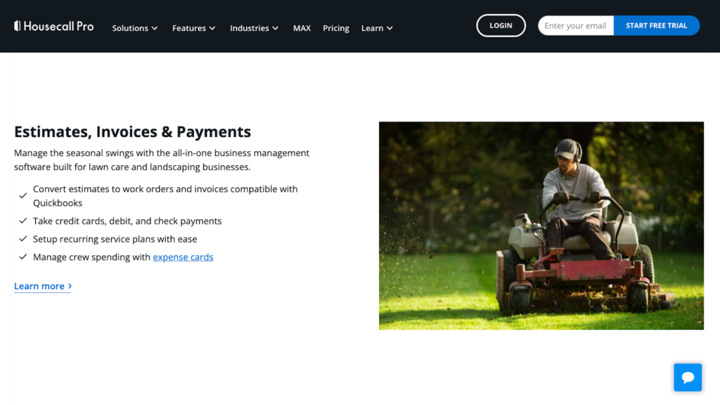 Screenshot of Housecall Pro’s website explaining its features for lawn and landscaping businesses