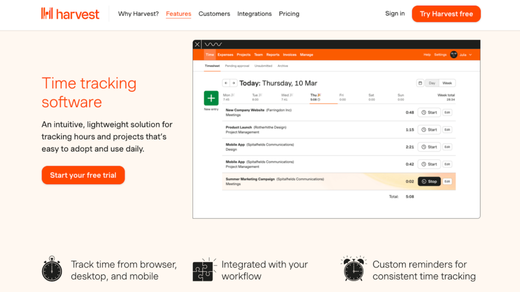 Screenshot from Harvest’s website showing its time-tracking software.