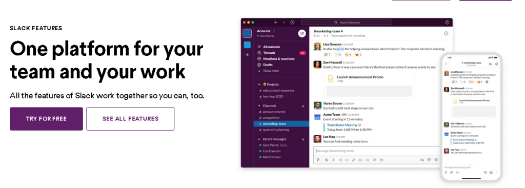 Slack webpage, showing a team planning a meeting