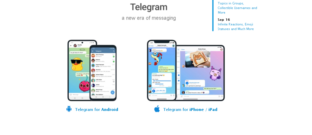 Telegram webpage, showing text screens on iPhone, iPad, and Android
