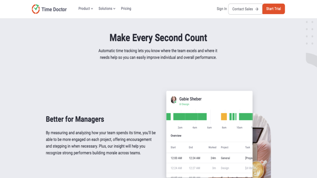 Screenshot of Time Doctor website showing manager view of system