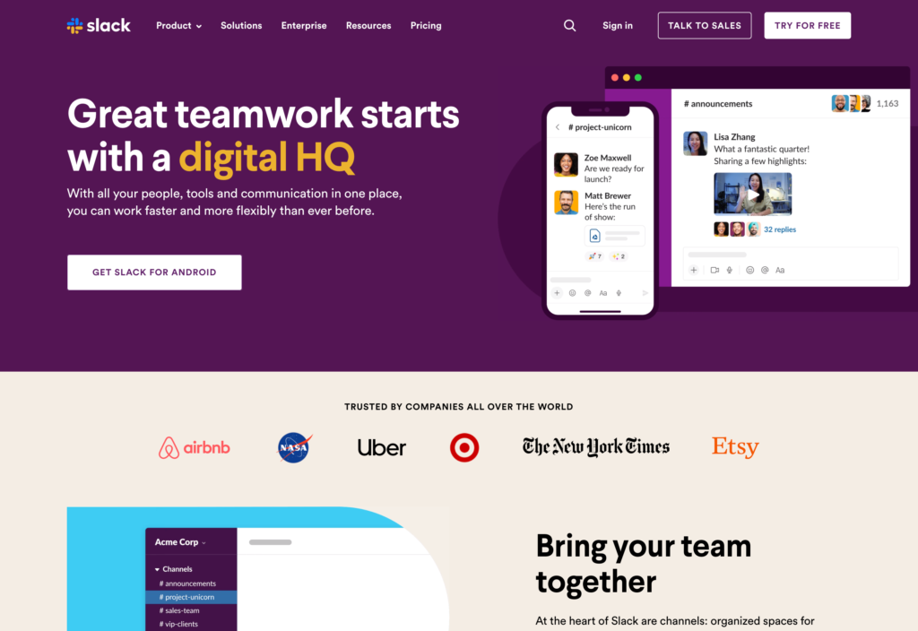 Screenshot of the Slack webpage