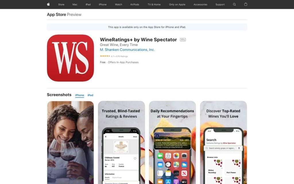 Screenshot of WineRatings+ page on Apple Store