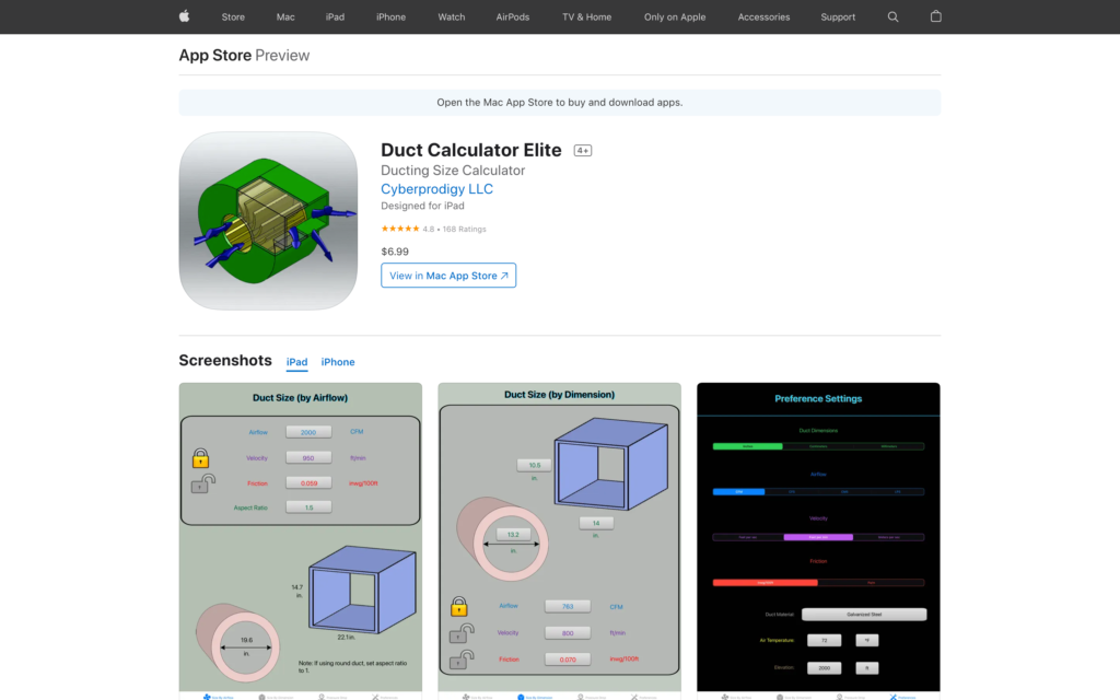 Screenshot of the Duct Calc Elite page on App Store webpage