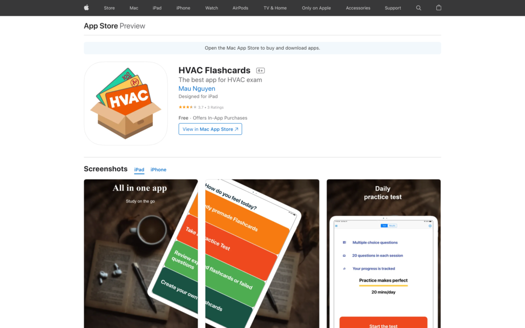 Screenshot of the HVAC Flashcards page on App Store webpage
