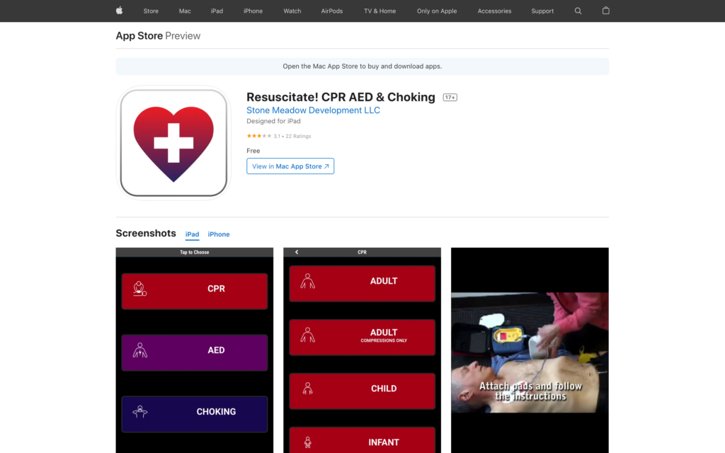 Screenshot of the Resuscitate! CPR AED & Choking page on Appstore