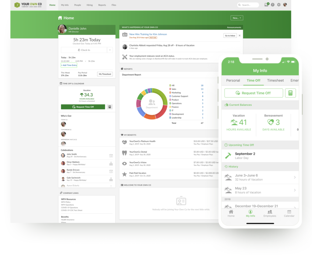 Graphic showing app and web view of BambooHR’s software.
