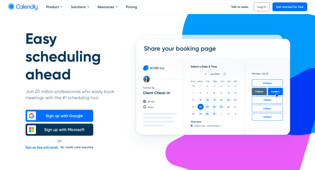 Screenshot of the calendly webpage