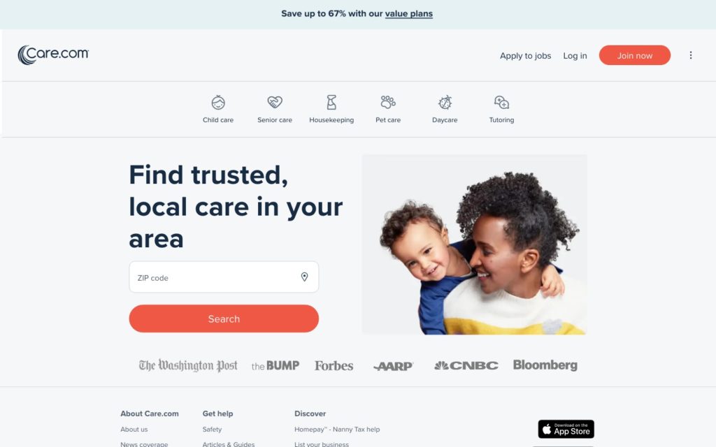 Screenshot of the Care.com webpage