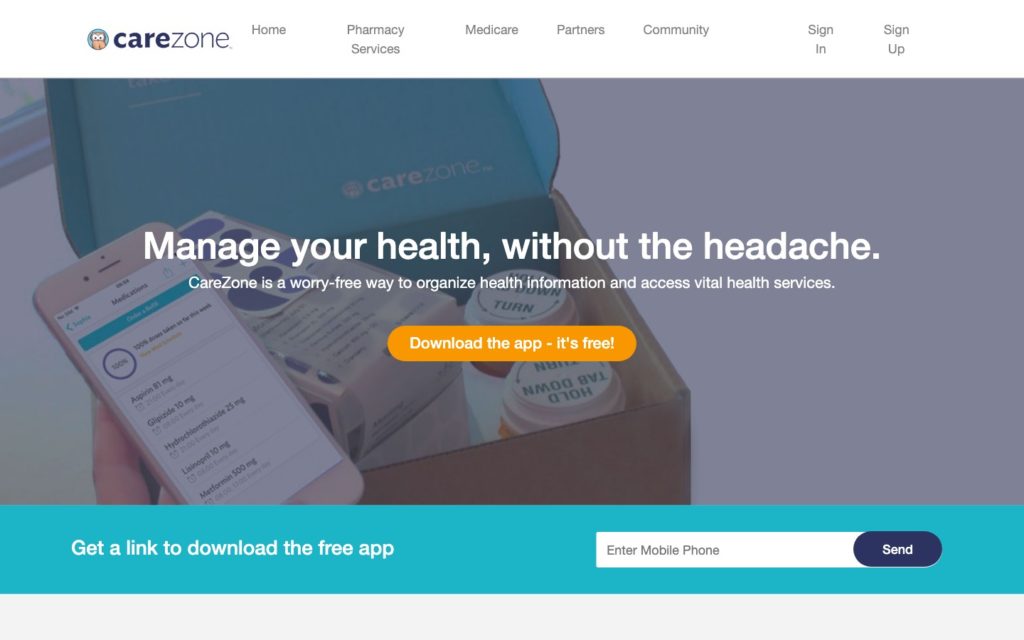Screenshot of the CareZone webpage