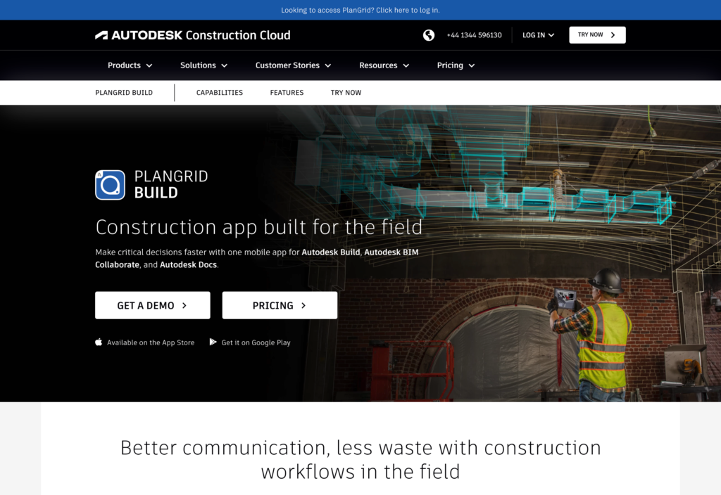 Screenshot of the PlanGrid webpage