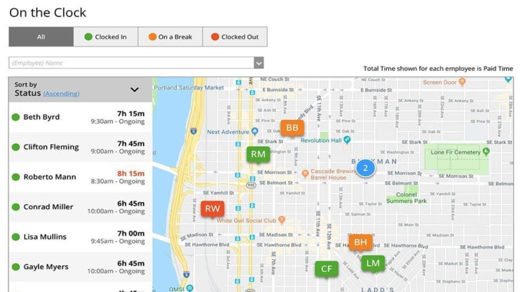 eBillity showing employees on a map with their current work status.