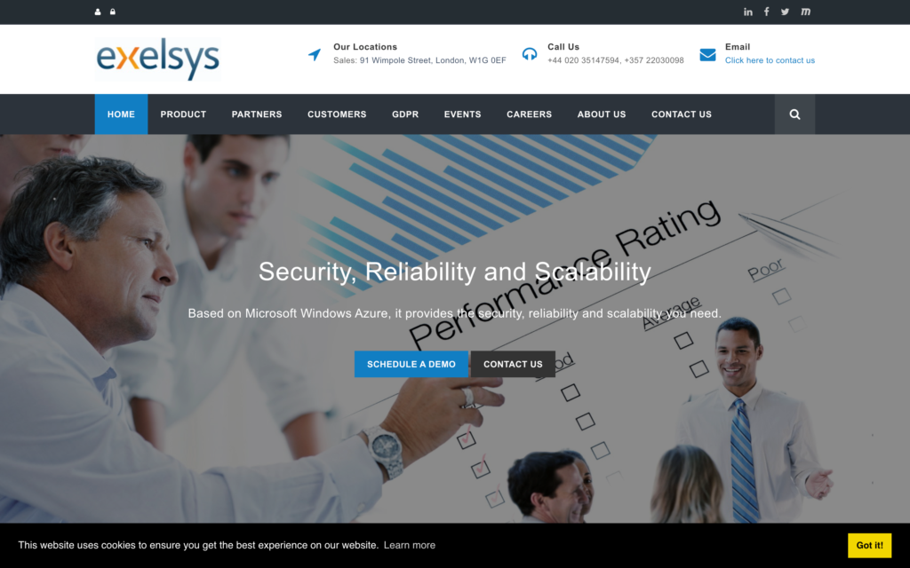 Screenshot of the Exelsys webpage