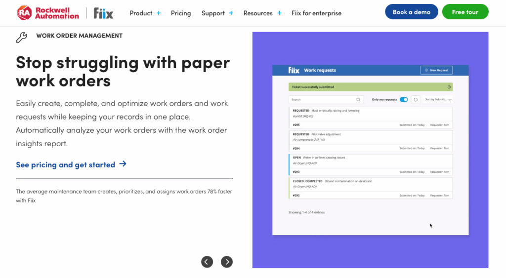 Screenshot of the Fiix webpage