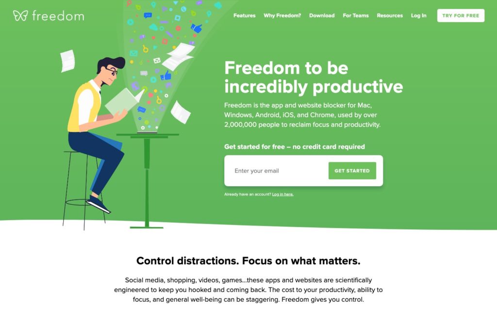 Screenshot of the Freedom webpage