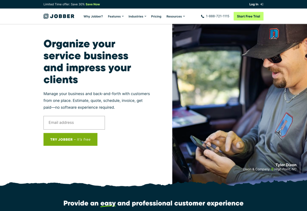 Screenshot of the Jobber webpage