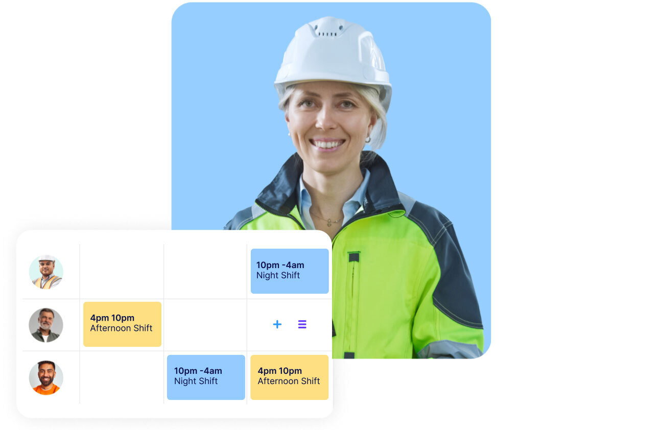 Woman smiling with a screenshot of Connecteam's Scheduling feature