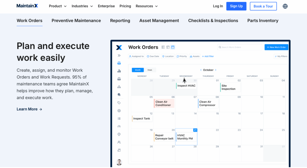MaintainX home page, showing scheduling tool for work orders
