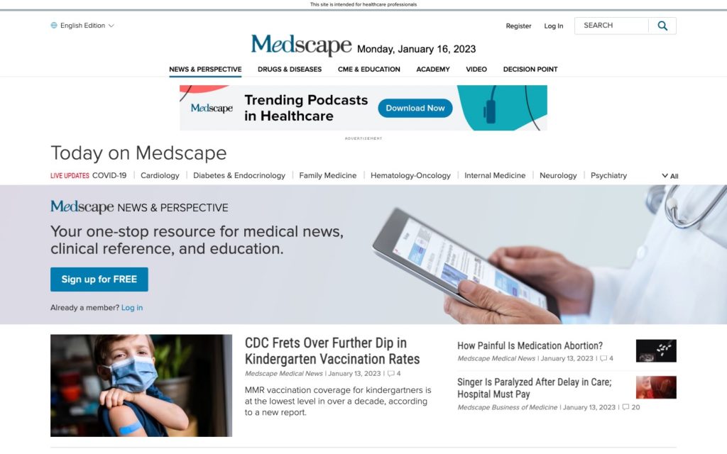 Screenshot of the medscape webpage