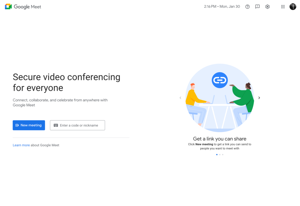 Screenshot of the Google Meet webpage