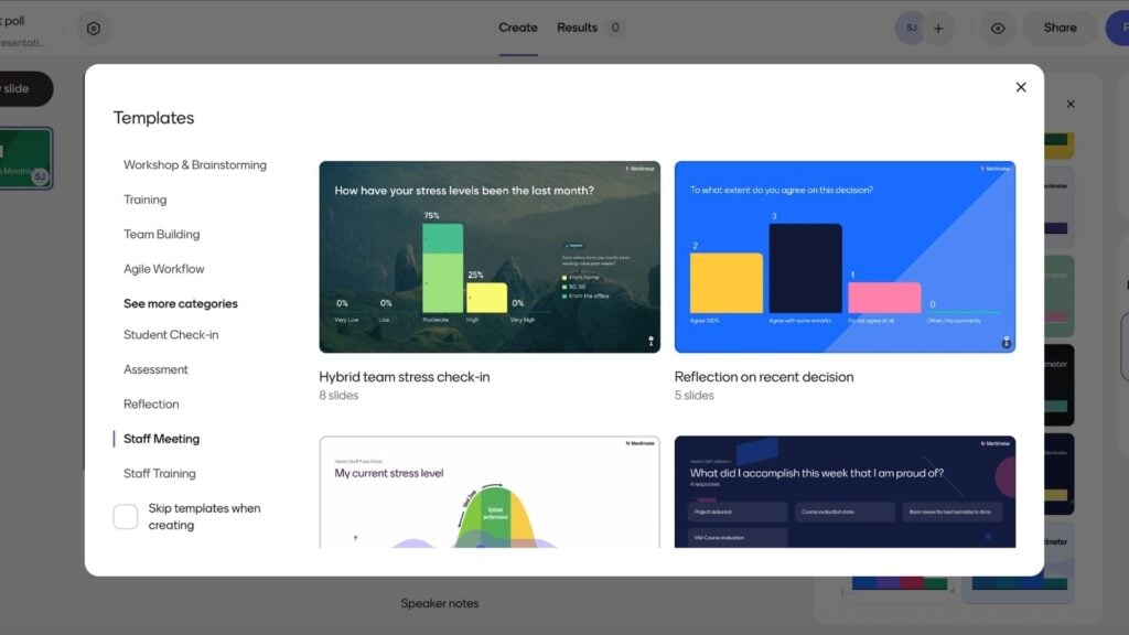 Screenshot showing Mentimeter presentation templates.