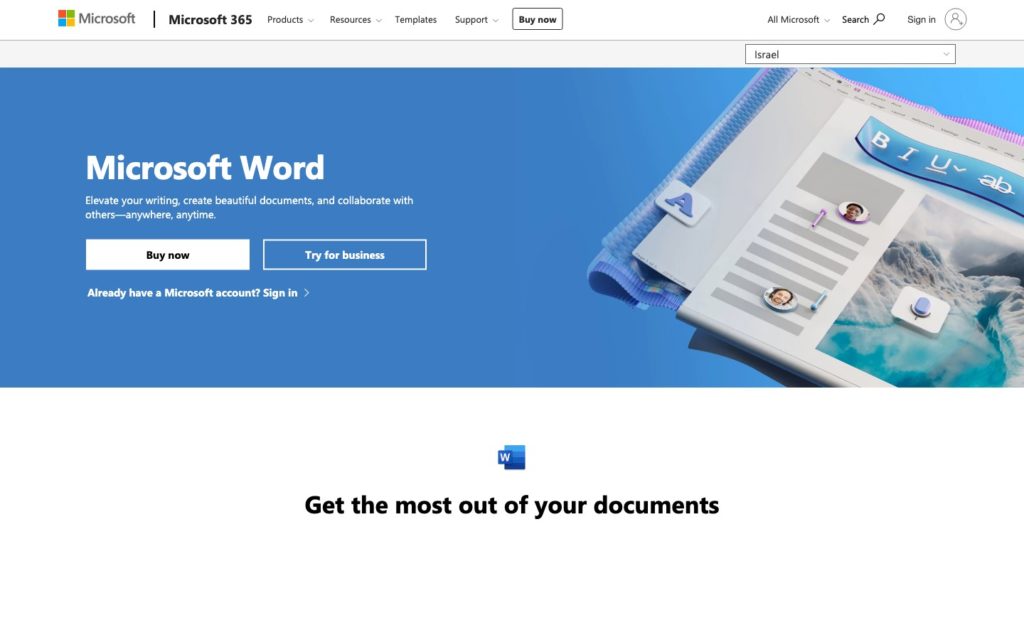 Screenshot of the Microsoft Word webpage