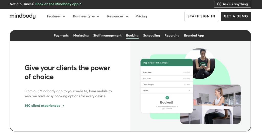 Screenshot of the Mindbody webpage