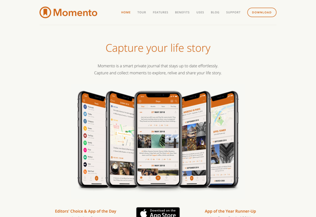 Screenshot of the Momento webpage