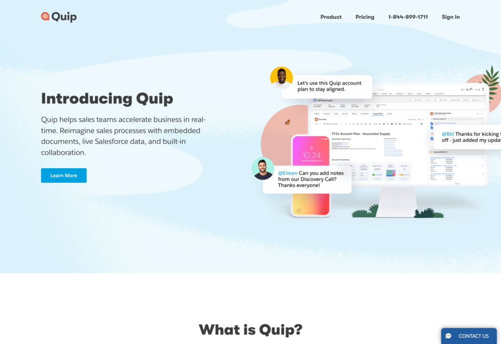 Screenshot of the Quip webpage