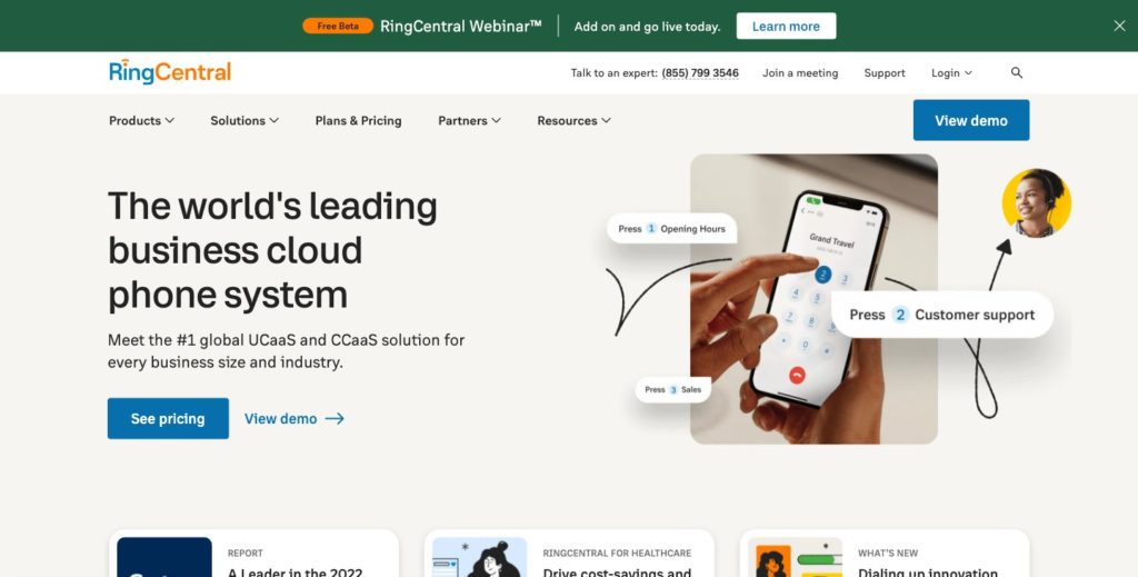 Screenshot of the RingCentral webpage
