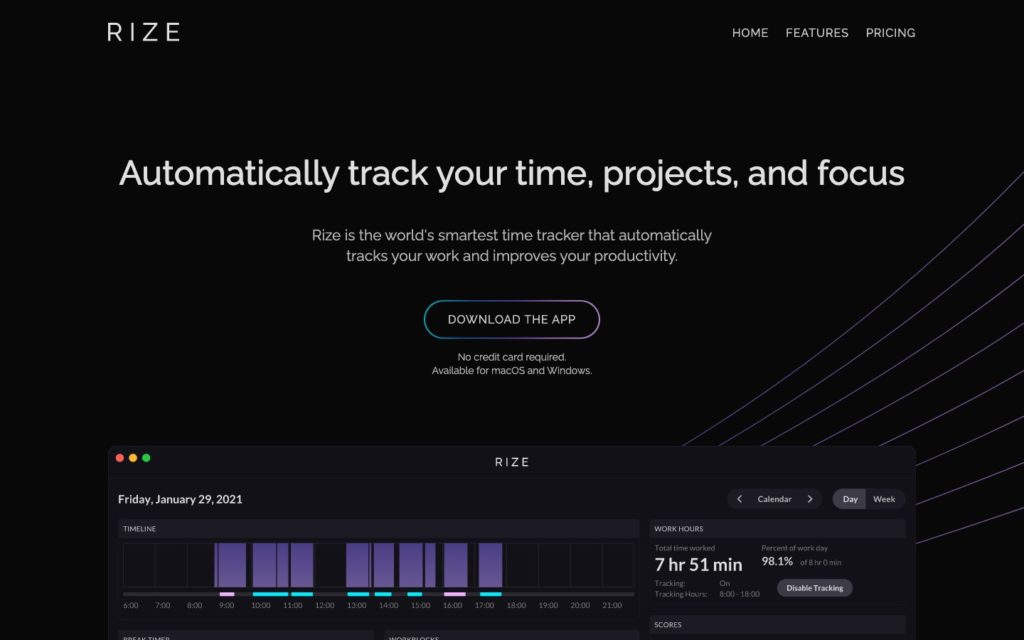 Screenshot of the RIZE webpage