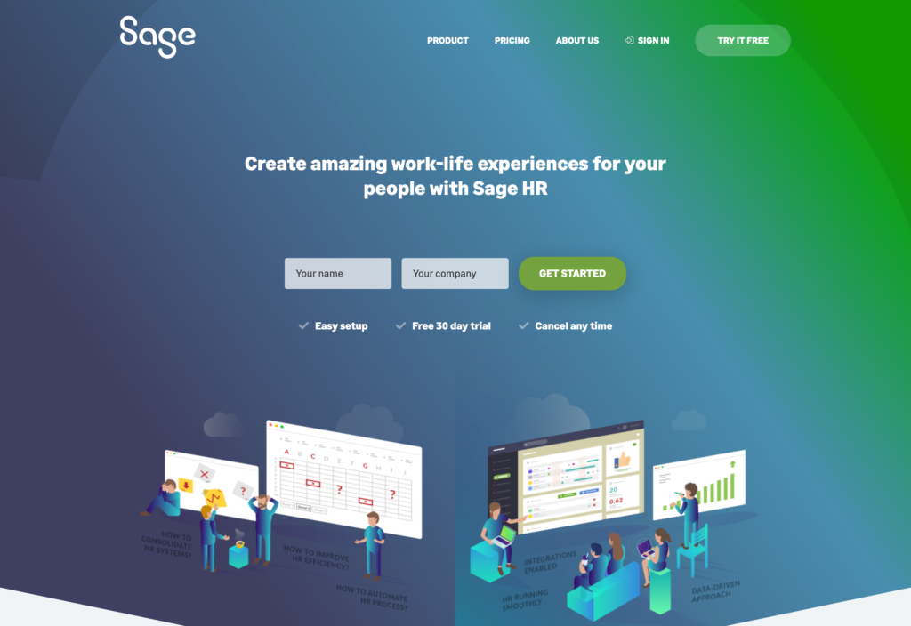 Screenshot of the Sage HR webpage