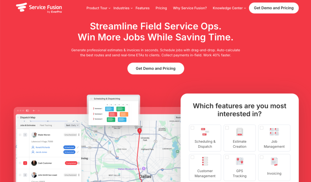 Screenshot of the Service Fusion webpage