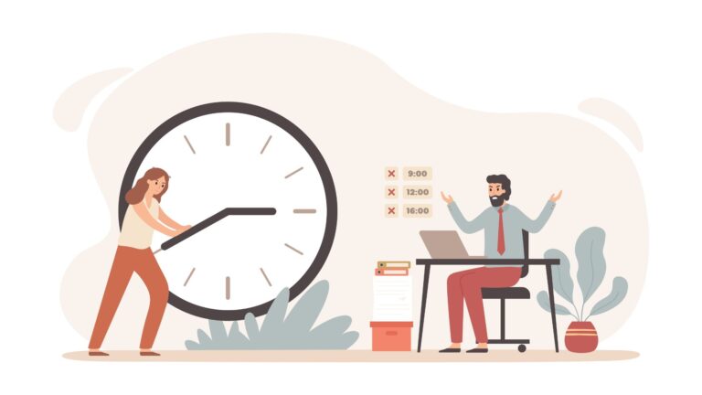 A flat illustration of two employees in the office with a large clock to symbolize shift planning