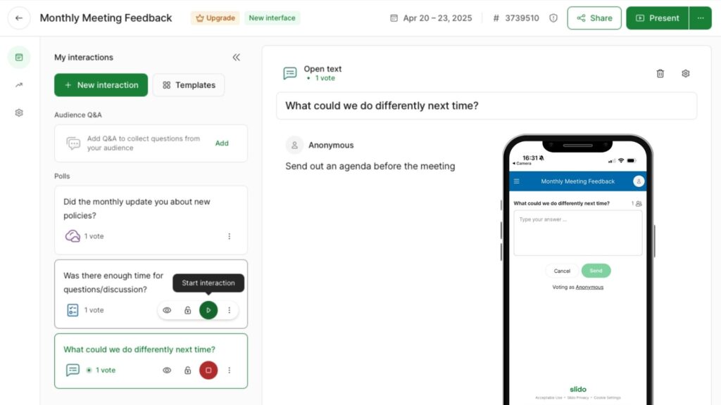A screenshot of Slido's live polling feature