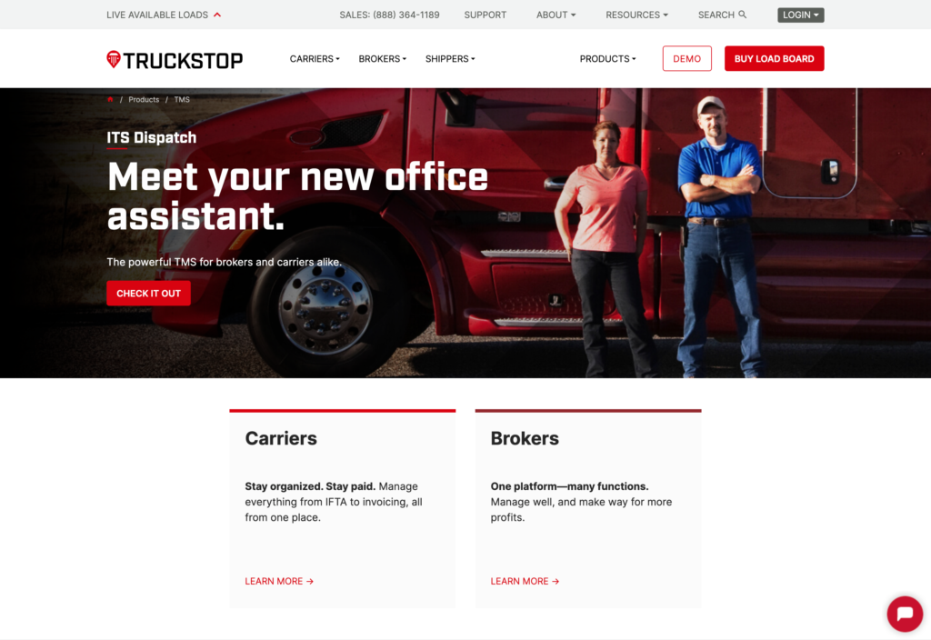 Screenshot of the ITS Dispatch by Truckstop webpage