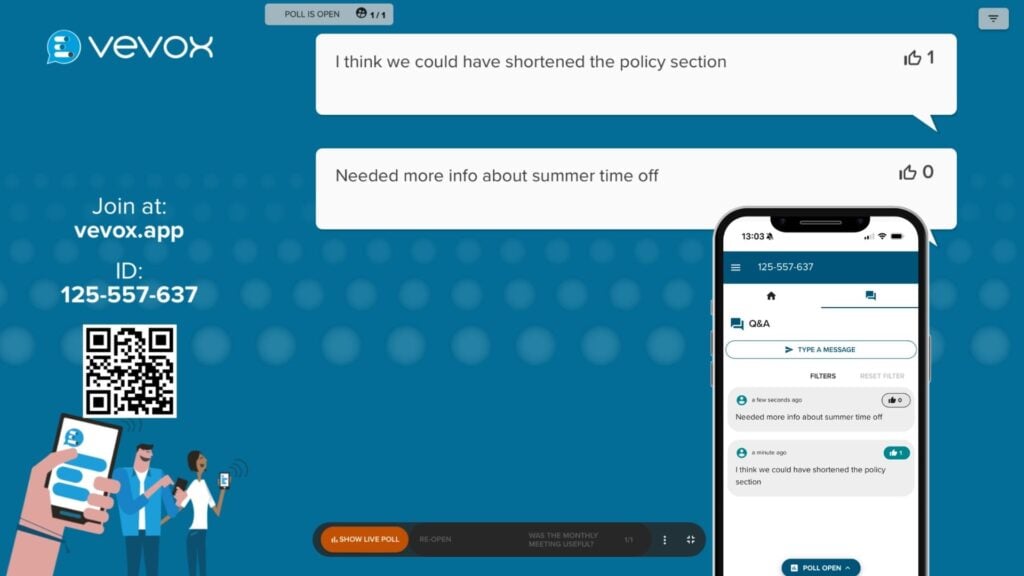 A screenshot of Vevox Q&A in presentation mode and on a mobile device.