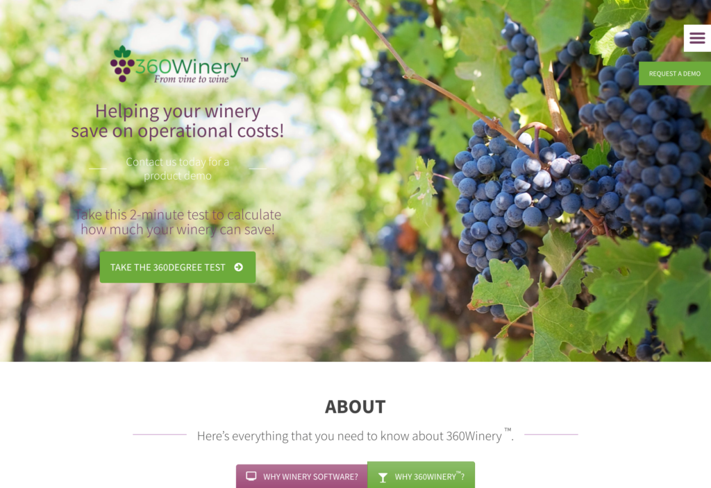 Screenshot of the 360Winery webpage