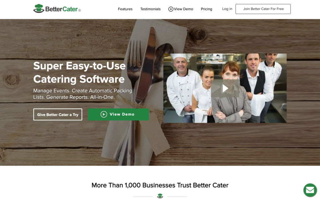Screenshot of the Better Cater webpage
