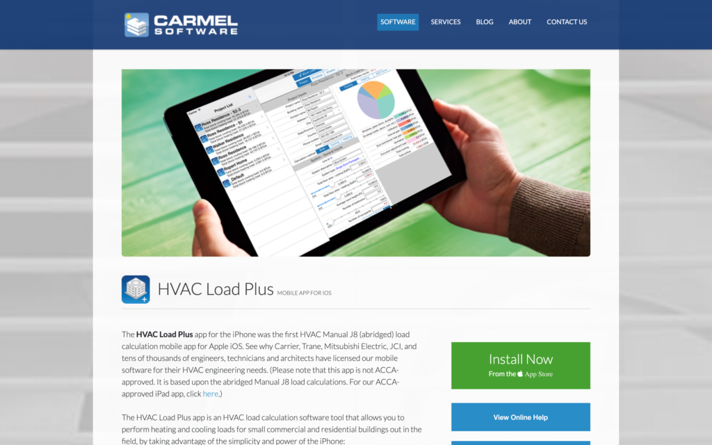 Screenshot of the HVAC Load Plus page on Carmel Software webpage